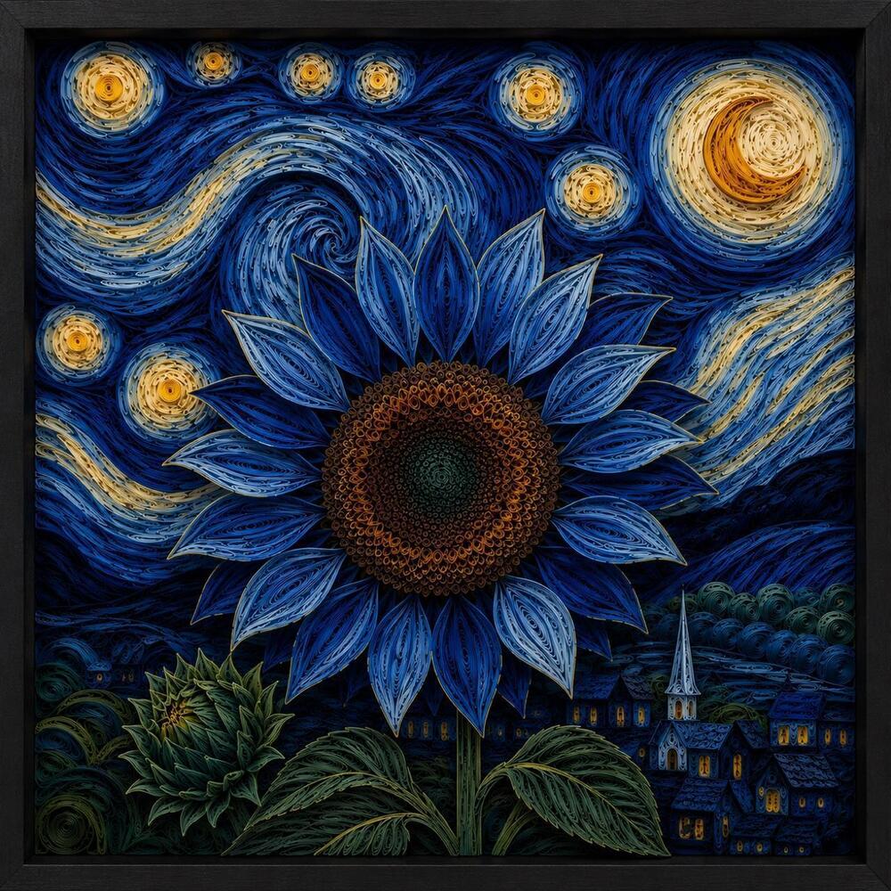 8x8 Black Framed Blue Sunflower Wall Art Print – Starry Night Quilled Floral Dec